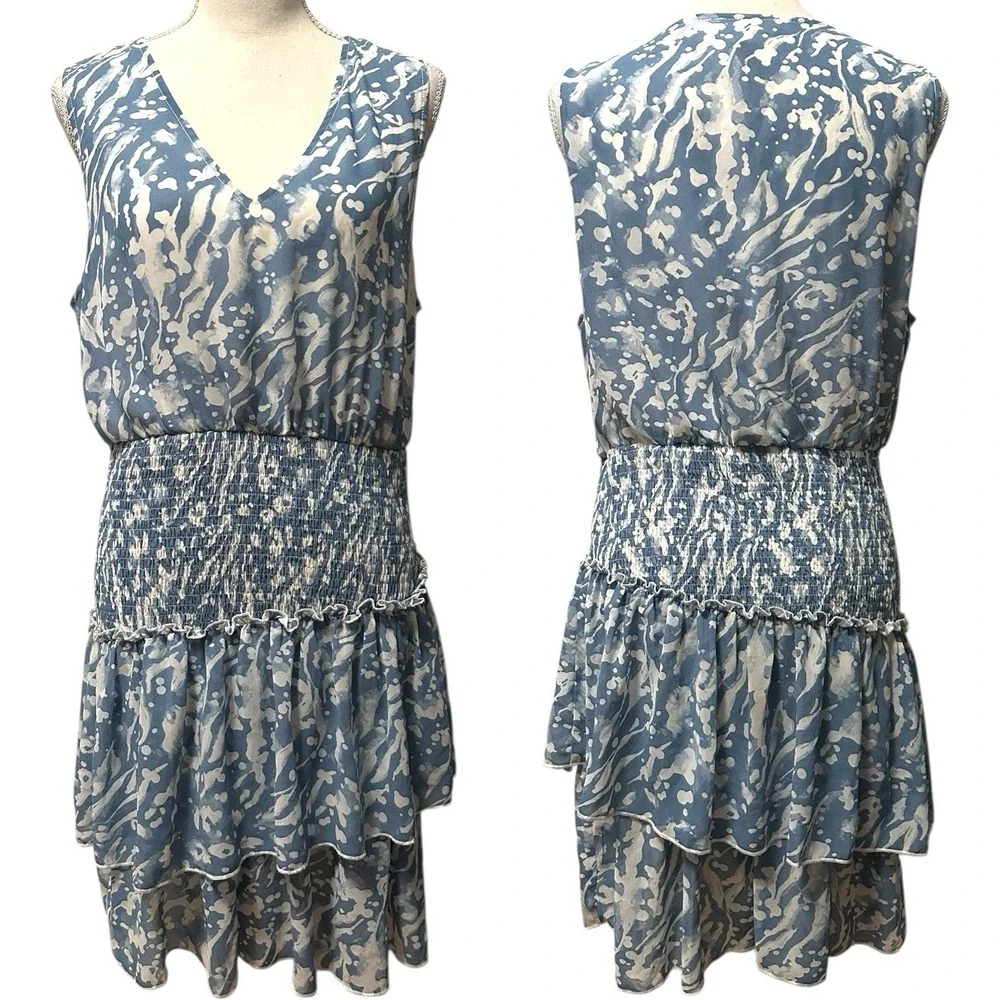 Entro Blue White Abstract Print Smocked Tiered‎ Midi Dress Women's M Boho Summer